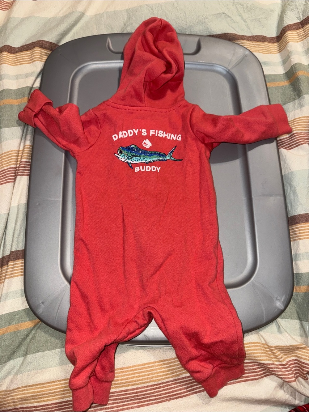 Red 'Daddy's Fishing Buddy' Hooded Baby One-Piece